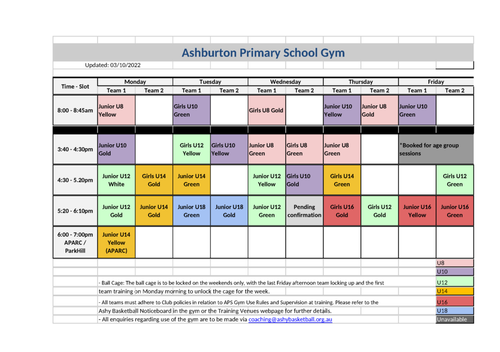 Training Schedule Ashy Lightning Basketball Club
