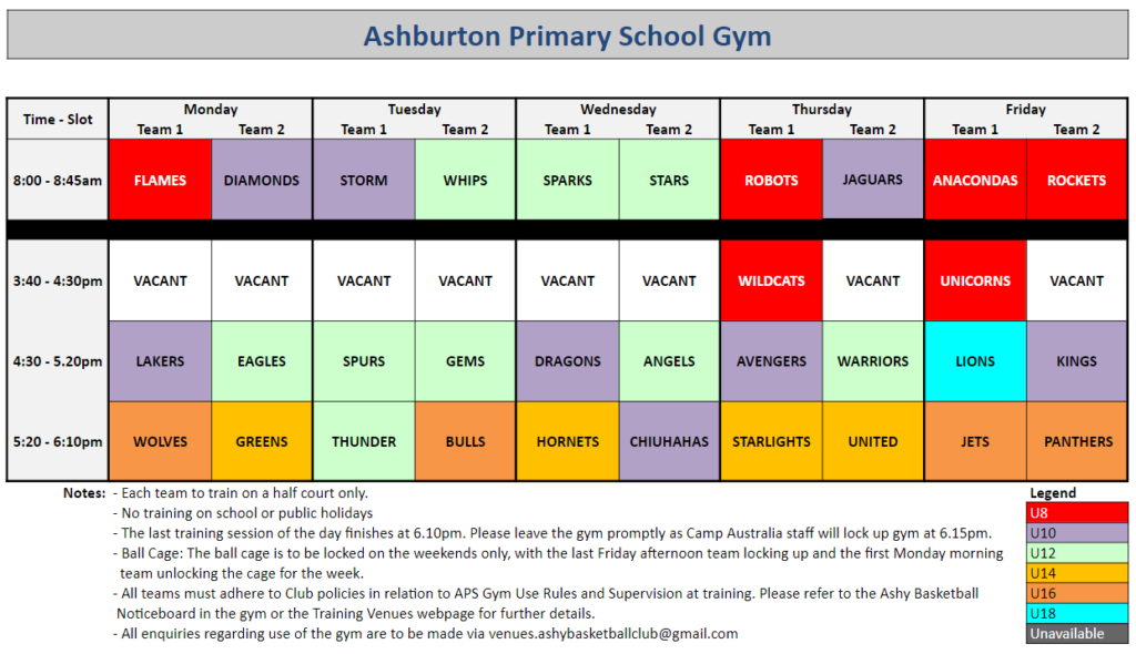 Training Schedule Ashy Basketball Club