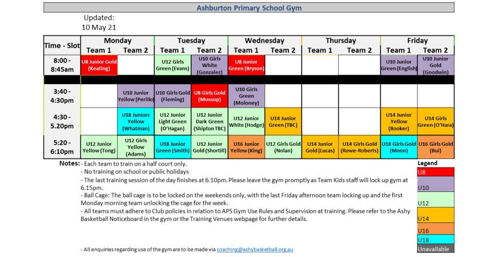 Training Schedule – Ashy Basketball Club